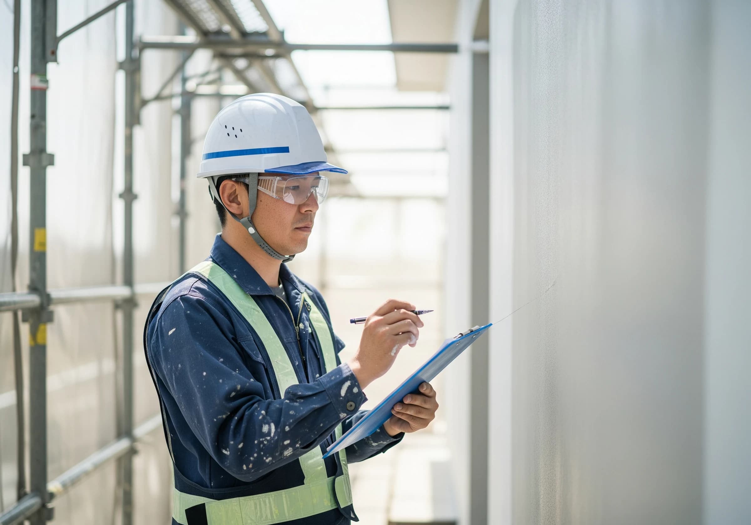安全装備を着用し施工箇所の品質を確認する塗装職人