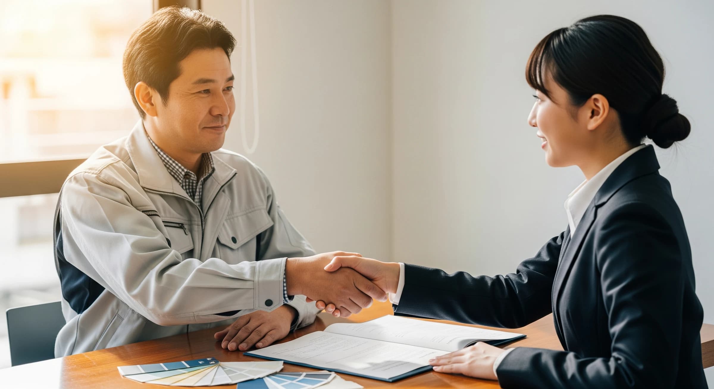 塗装会社の代表者とマルキサービス担当者が特約店契約について話し合う様子