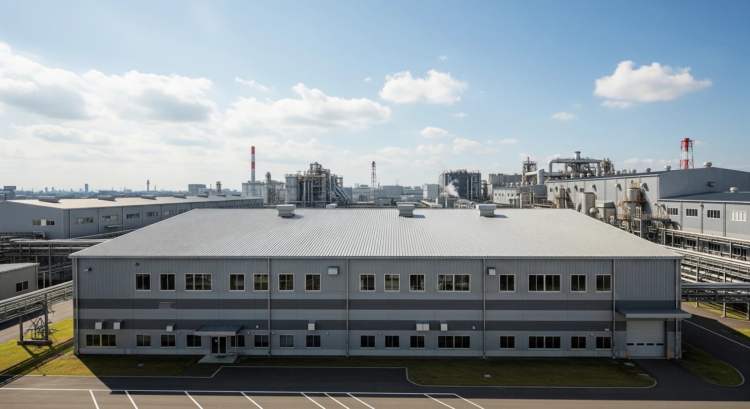 夏の日差しを受ける大型工場の広い金属屋根